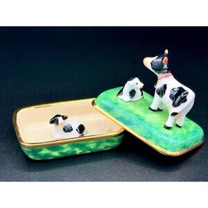Porcelain Cow & Calf Trinket Box • Green Meadow Base • Hidden Mini Calf Inside